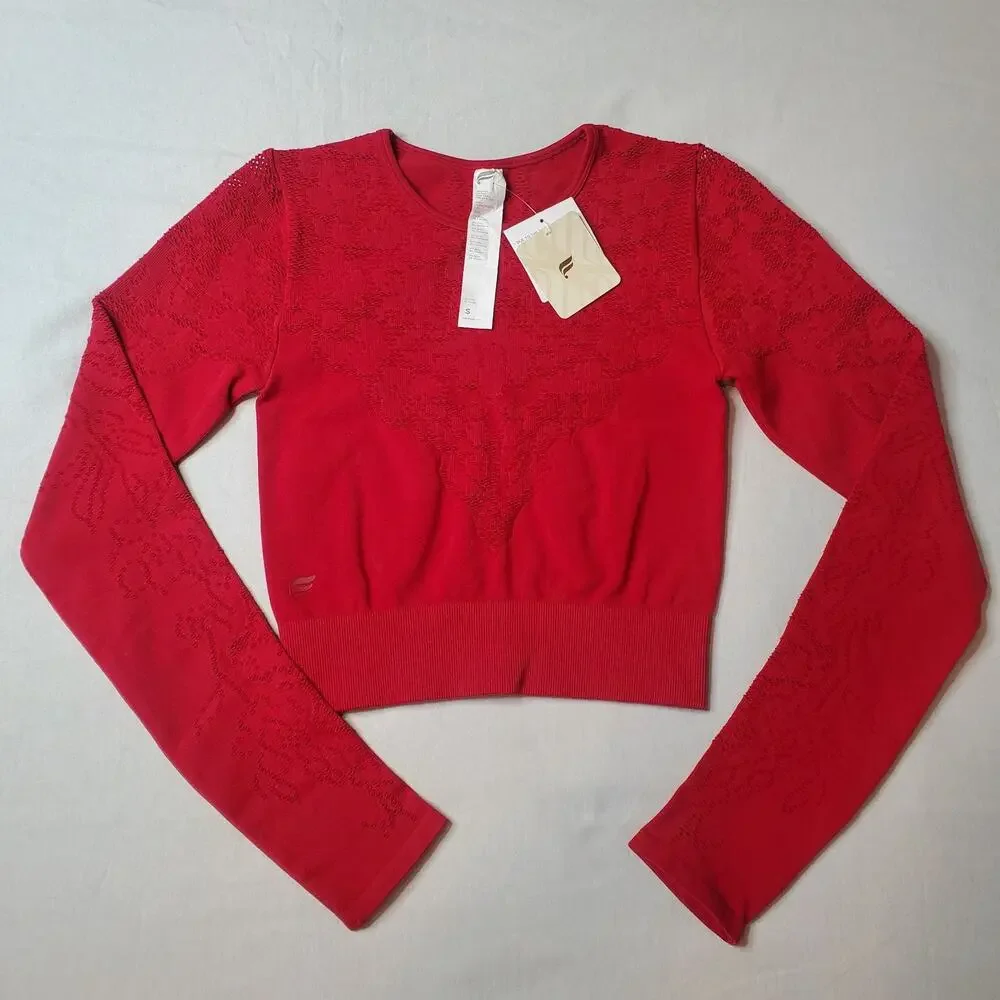 Fabletics Womens Size S NWT Seamless Lace Top Floral Long Sleeve Red LS1935477